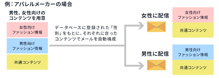 例）アパレルメーカの場合：男性向け、女性向け、共通の各コンテンツを用意し、データベースに登録された「性別」をもとに、それぞれに合ったコンテンツでメールを自動構成